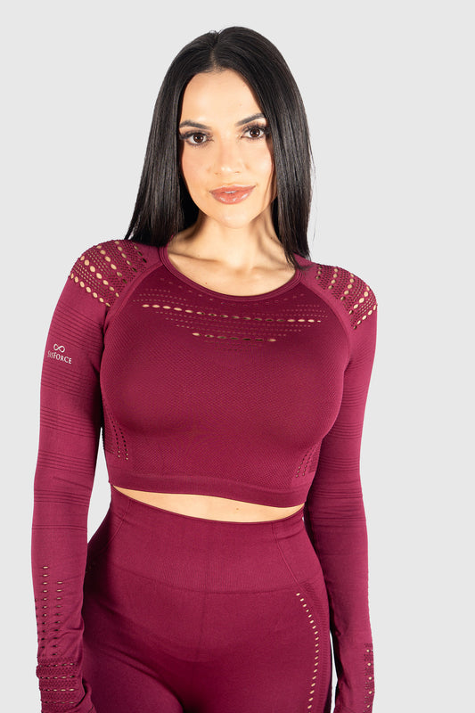 The Empower Long Sleeve Crop Top- Red Wine