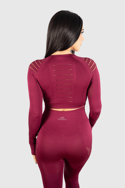The Empower Long Sleeve Crop Top- Red Wine